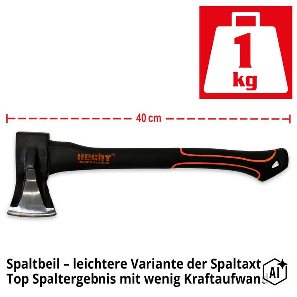 Hecht Spaltbeil mit 40 Zentimeter Länge und 1 Kilogramm Kopfgewicht für effizientes Spalten von Holz.