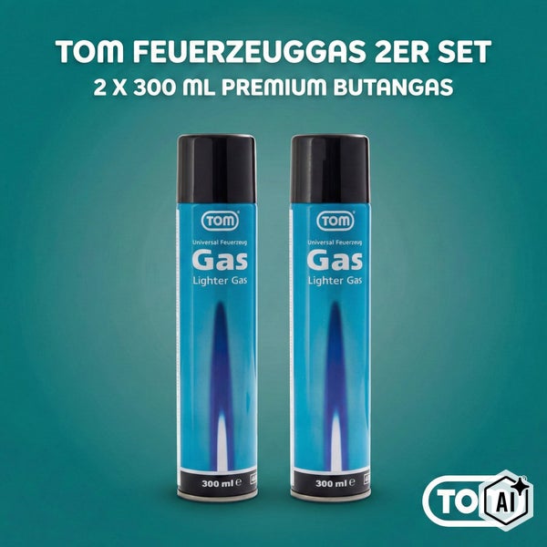 TOM Feuerzeuggas 2er Set bestehend aus zwei Dosen Premium Butangas zu je 300 Milliliter inklusive TOM Logo.