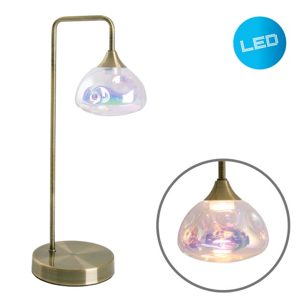 LED Tischleuchte VARNA, Tischlampe aus messingfarbenem Metall und irisierendem Glas, fest verbaute LEDs, 45 cm hoch, stilvolle Beleuchtung für Wohnzimmer, Esszimmer oder Diele