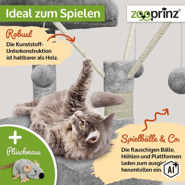Katze auf einem Kratzbaum von Zooprinz mit Spielbällen und Plüschmaus, inklusive Hinweisen zur Kunststoff Unterkonstruktion.