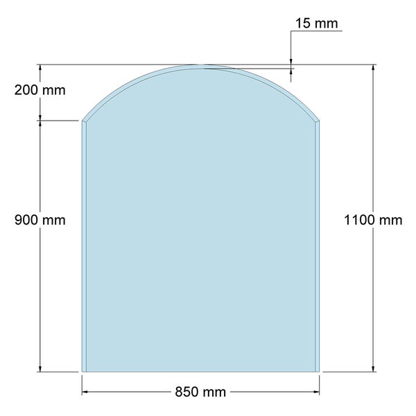 Technische Zeichnung einer Rundbogenglasscheibe mit Maßen von 850 Millimeter Breite, 1100 Millimeter Gesamthöhe und 900 Millimeter Seitenhöhe.