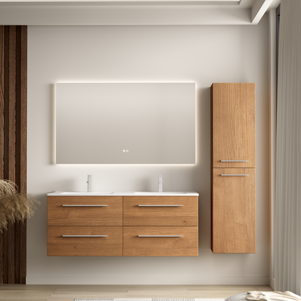 Modernes Badezimmermöbel Set in Holzoptik mit Doppelwaschtisch, großem LED Spiegel und hohem Badschrank als hängende Badkombination.