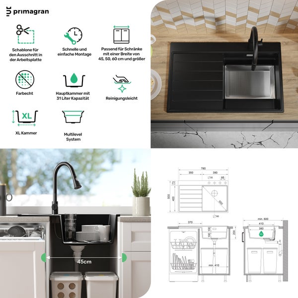 Primagran Küchenspüle mit Zubehör, Montageinformationen und technischen Zeichnungen