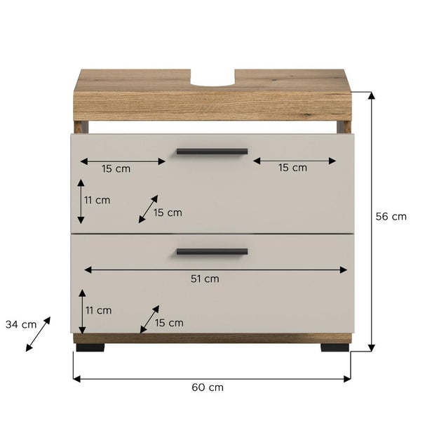 Waschbeckenunterschrank mit Schubladen und Maßangaben