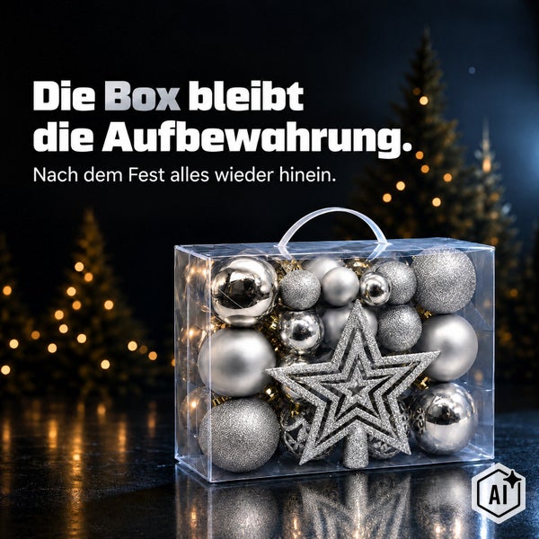Durchsichtige Aufbewahrungsbox gefüllt mit verschiedenen glänzenden und matten Weihnachtsbaumkugeln und einem Weihnachtsstern zur Dekoration.