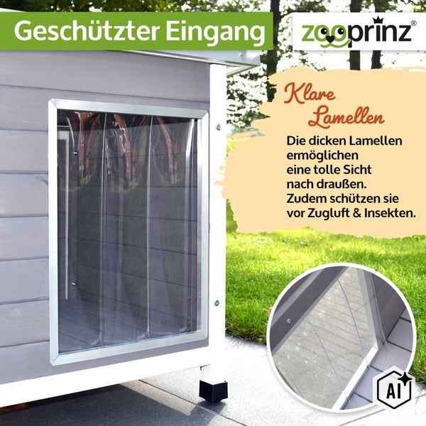 Lamellenvorhang fuer Hundehutte mit transparenten Lamellen zum Schutz vor Zugluft und Insekten sowie Zooprinz Logo