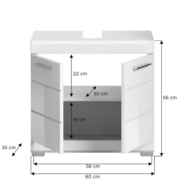Waschbeckenunterschrank mit den Maßen 60 x 56 x 35 cm mit offenen Türen und Innenregal.