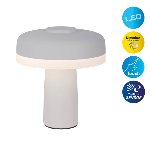 Akku-Tischleuchte PILU, 16,5 cm hoch, oben Ø von 15 cm, Metall in Weiß, weißer Kunststoff, integrierten LEDs,280 Lumen, dimmbar per Berührungssensor, warmweiß