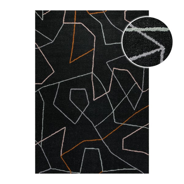Moderner rechteckiger Teppich mit abstraktem geometrischem Linienmuster und Detailansicht der Kurzflor-Struktur.
