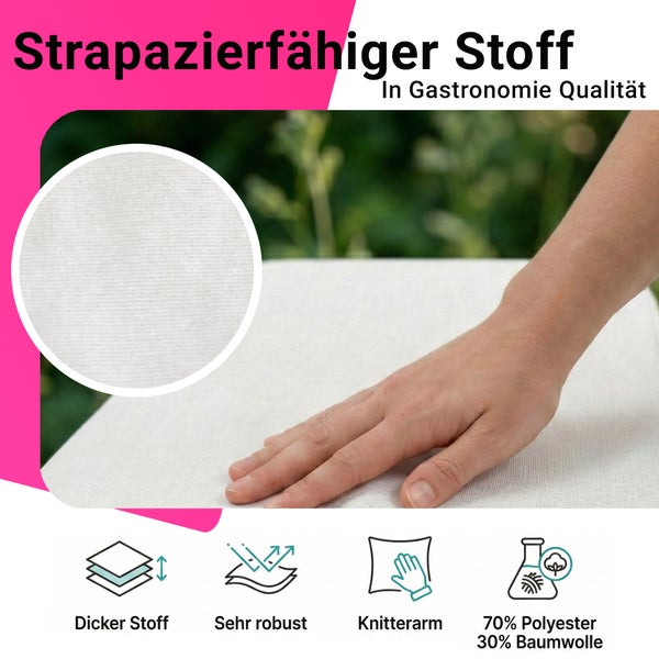 Strapazierfähiger, dicker und knitterarmer Stoff aus 70 Prozent Polyester und 30 Prozent Baumwolle in Gastronomie Qualität mit Hand auf dem Stoff