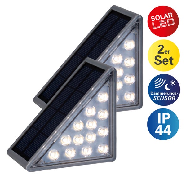 Zwei Solar LED Leuchten im Set mit Dämmerungssensor und Schutzart IP44