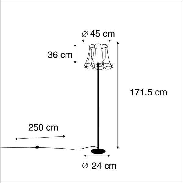 Maße einer Stehlampe: Durchmesser Lampenschirm 45 cm, Höhe Lampenschirm 36 cm, Gesamthöhe 171,5 cm, Durchmesser Lampenfuß 24 cm, Kabellänge 250 cm