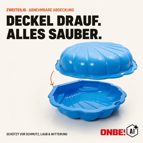 Zweiteiliger Sandkasten in Muschelform mit abnehmbarem Deckel zum Schutz vor Schmutz und Witterung von Onbest.