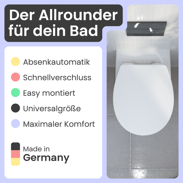 Nahaufnahme eines weißen WC Sitzes mit den Vorteilen Absenkautomatik, Schnellverschluss, einfache Montage, Universalgröße, Maximaler Komfort und Hergestellt in Deutschland