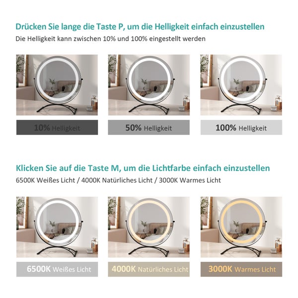 EMKE Kosmetikspiegel mit Beleuchtung ф40cm, Tisch-Standspiegel, mit Touchschalter & Memory-Funktion, 3 dimmbare Lichtfarben, 360° drehbar, bohrfrei, Schwarz