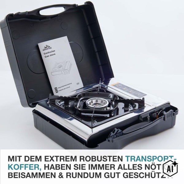 Mobiler Gaskocher im Kunststoffkoffer mit Bedienungsanleitung zum Kochen beim Camping und Outdoor Aktivitäten