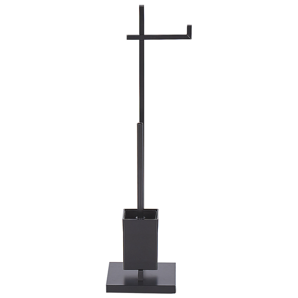 Freistehende WC-Garnitur aus matt schwarzem Metall mit Toilettenpapierhalter und Toilettenbürstenhalter auf einem quadratischen Standfuß.