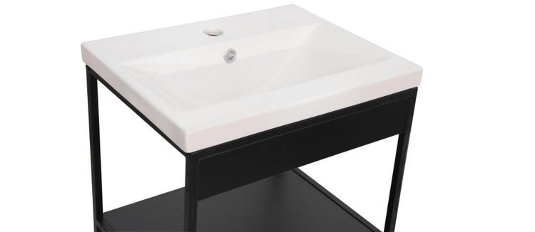 Waschtisch aus Keramik mit schwarzem Metallgestell, inklusive Hahnloch und Überlauf.