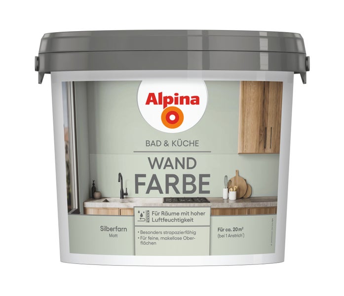 Alpina Bad und Küche Wandfarbe Silberfarn matt für Räume mit hoher Luftfeuchtigkeit, Reichweite circa 20 Quadratmeter.