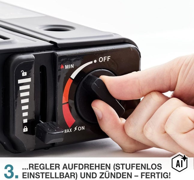 Hand dreht stufenlosen Drehregler an einem Gaskocher zur Regulierung der Flammenstärke.