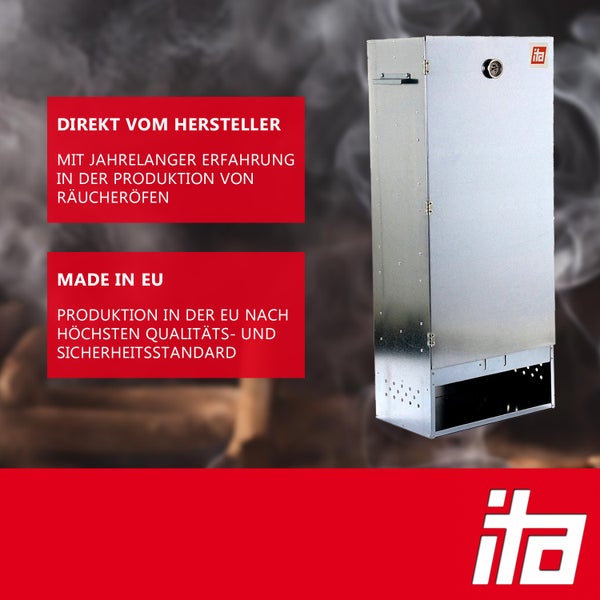 Räucherofen aus Metall von ITA, direkt vom Hersteller, hergestellt in der Europäischen Union nach hohen Qualitätsstandards. ITA Logo.