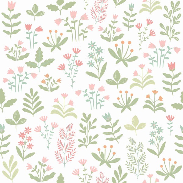 ESTAhome Tapete Feldblumen Grün und Rosa - 50 x 900 cm - 131094