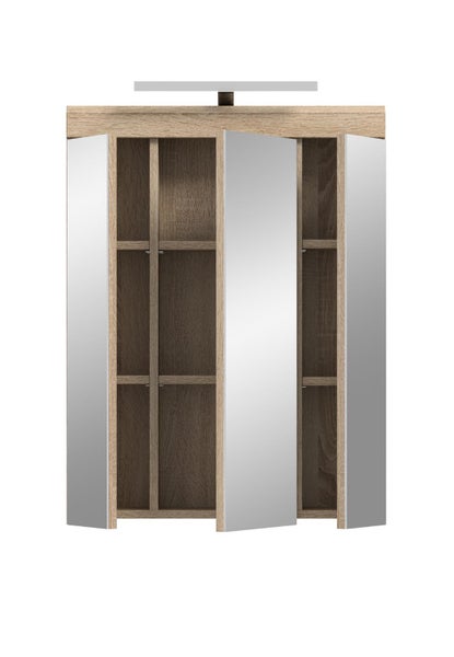 Dreitüriger Spiegelschrank mit Eichenoptik, LED-Beleuchtung und Glaseinlegeböden.