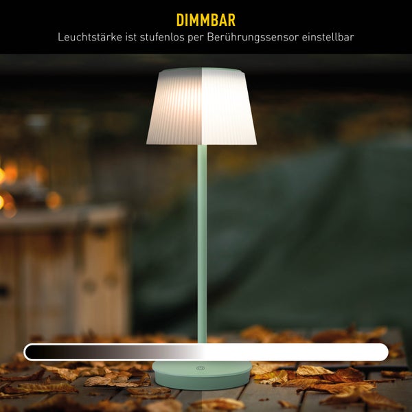 Solar-Akkutischleuchte EMMI  38 cm hoch, Schirm Ø 13 cm, Metall in Mint und weißer Kunststoff, für den Außenbereich, dimmbar CCT.