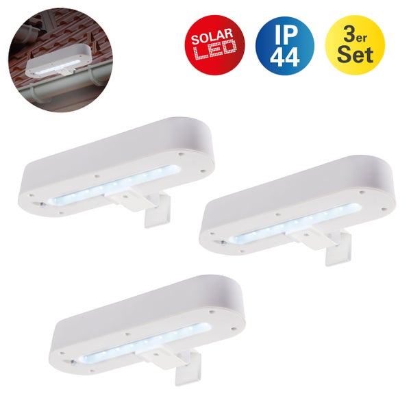 Drei weiße LED-Solarleuchten im Set mit dem Symbol für Solar LED und IP44 Wasserschutz.