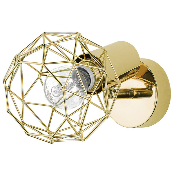 Wandleuchte aus goldfarbenem Metall mit geometrischem Käfig-Schirm und sichtbarem Leuchtmittel.