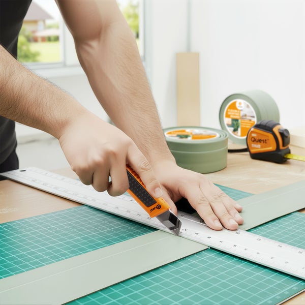 Eine Person schneidet mit einem Cuttermesser und einem Lineal eine flexible Fußleiste auf einer Schneidematte zu. Im Hintergrund sind eine Rolle flexible Fußleiste und ein Maßband zu sehen.