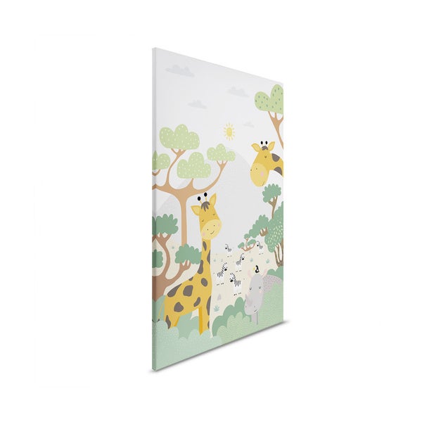 Leinwanddruck mit einer Illustration von Giraffen, Zebras und einem Elefanten in einer Dschungellandschaft