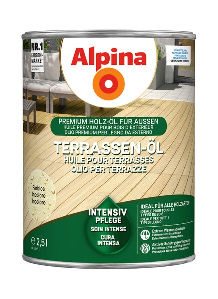 Alpina Terrassen Öl für den Außenbereich, 2,5 Liter Gebinde, farblos, für intensiven Schutz und Pflege von Holzterrassen.
