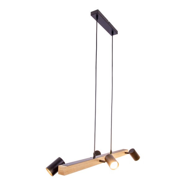 Hängelampe mit drei Strahlern an Holzbalken