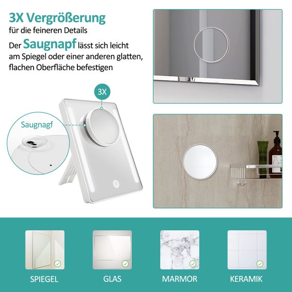 EMKE Kosmetikspiegel mit Beleuchtung 163 x 224 mm, 3-fach Vergrößerung, Kaltweiß, Touch-Schalter, USB/Batterie, Tragbar, Weiß, Horizontal & Vertikal aufstellbar