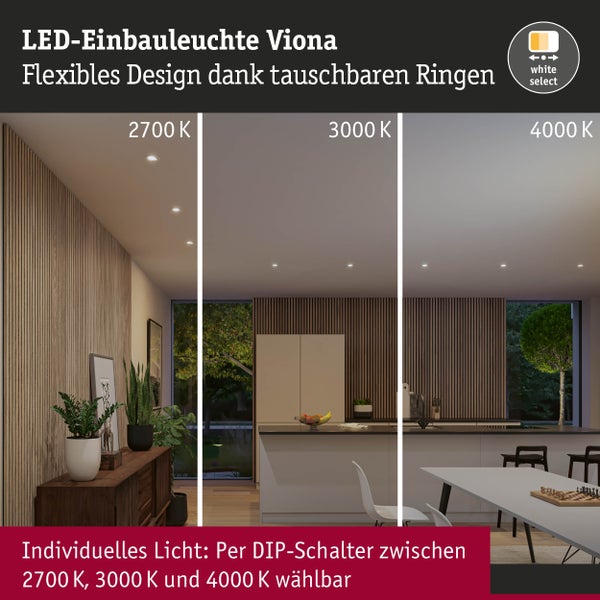 3er-Set LED-Einbaustrahler in Schwarz und Gold mit technischer Zeichnung, Maßen in Millimetern und 5 Jahren Garantie.