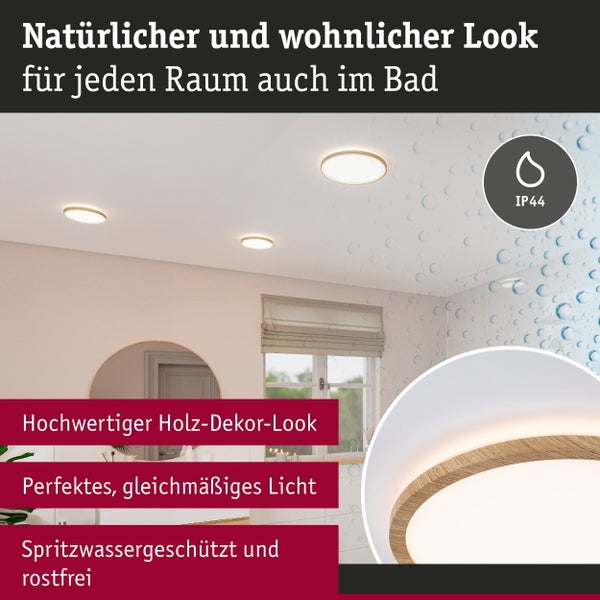 Runde LED Deckenleuchte Atria Shine von Paulmann mit Holzoptik Rahmen und Backlight Effekt inklusive Produktverpackung