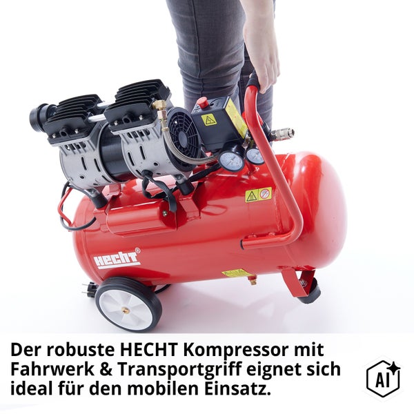 Mobiler Hecht Kompressor mit Kessel, Fahrwerk und Transportgriff für den vielseitigen Einsatz in Werkstatt und Haushalt.