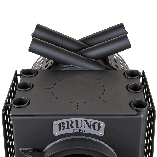 Bruno Pyro Kaminofen Oberseite mit Kochplatte und Konvektionsrohren