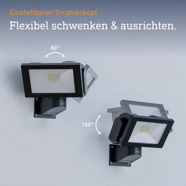 LED Außenstrahler mit schwenkbarem Kopf zur flexiblen Ausrichtung um 80 Grad und 150 Grad.