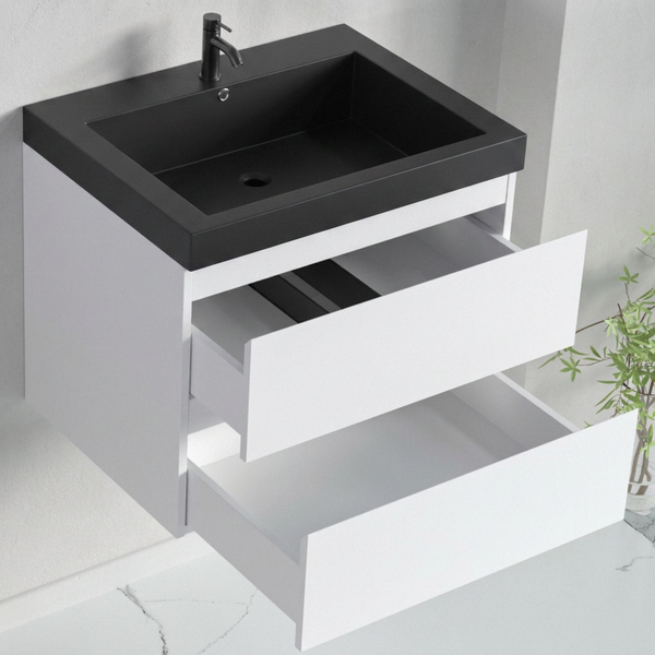 Hängender Waschtischunterschrank mit zwei offenen Schubladen und einem modernen Aufsatzwaschbecken für das Badezimmer.