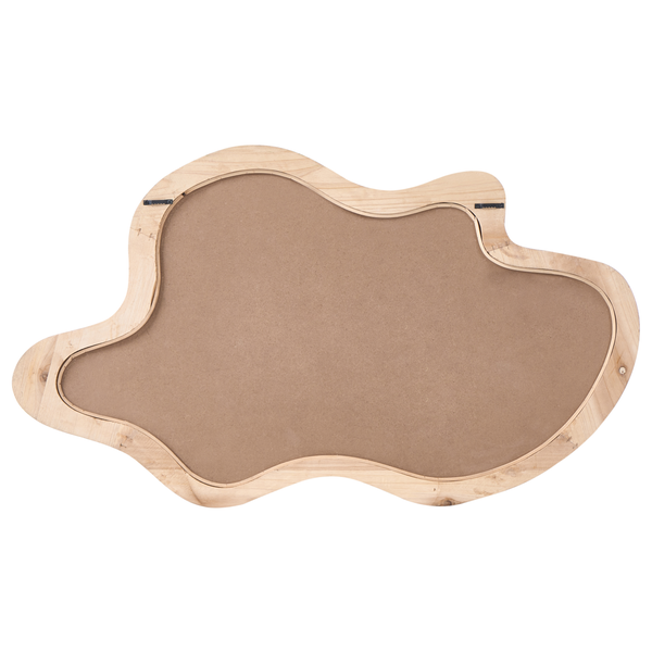 Rückansicht eines unregelmäßig geformten Spiegels mit Holzrahmen