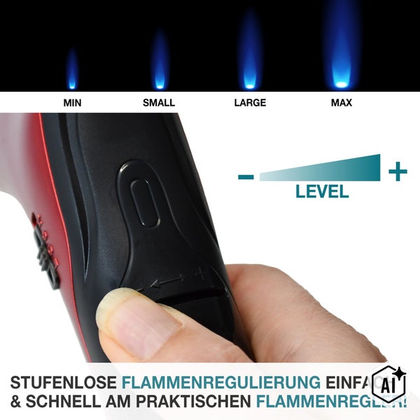 Hand bedient die stufenlose Flammenregulierung eines Gasbrenners mit Anzeige von Flammenstufen von Minimum bis Maximum.