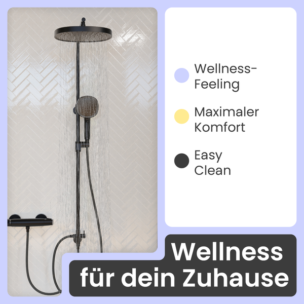 Duschsystem mit Regendusche, Handbrause und Thermostatarmatur, konzipiert für Wellness, Komfort und einfache Reinigung im Badezimmer.