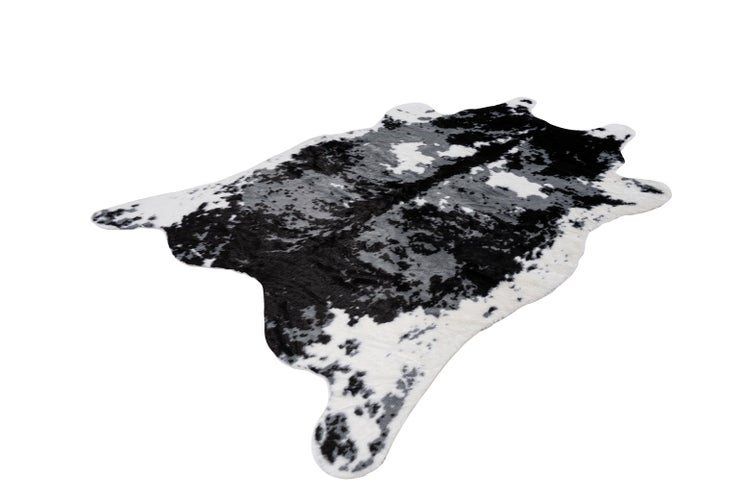 Kunstfellteppich in Kuhfelloptik, schwarz-weiß-grau meliert.