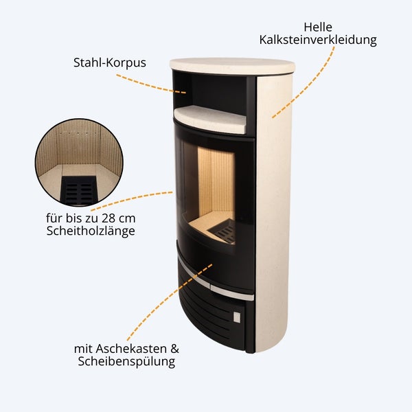 Kaminofen mit Stahlkorpus und heller Kalksteinverkleidung, geeignet für Scheitholz bis 28 Zentimeter, inklusive Aschekasten und Scheibenspülung.