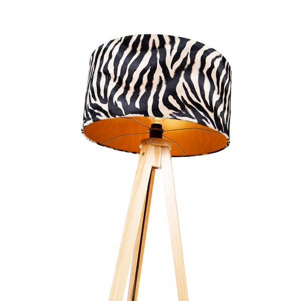 QAZQA - Klassisch I Antik Stehlampe Holz mit Stoffschirm Zebra 50 cm - Stativ Classic I Wohnzimmer I Schlafzimmer - Textil Rund - LED geeignet E27