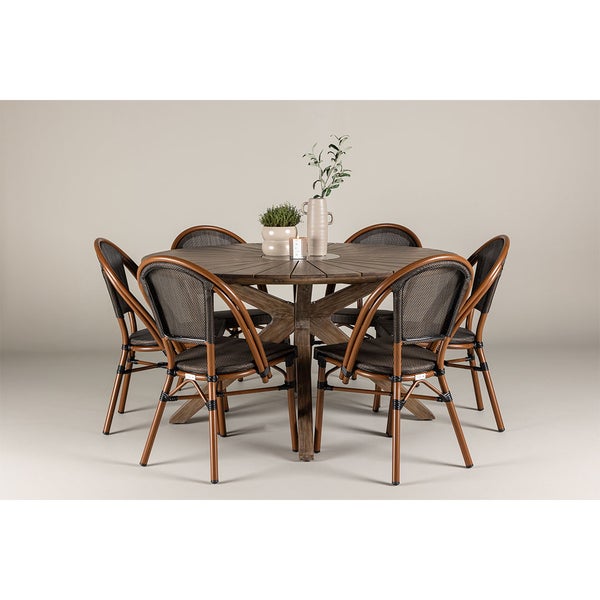 Runder Gartentisch mit sechs Stühlen und Tischdekoration