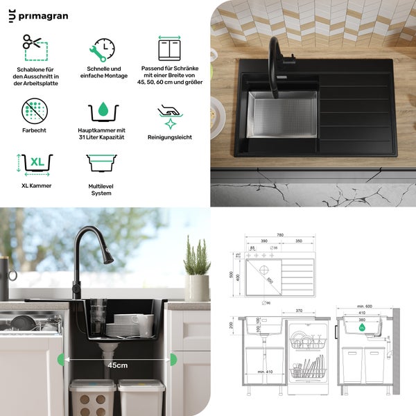 Produktinformationen zur Primagran Spüle mit Schablone für den Arbeitsplatzausschnitt, schneller und einfacher Montage, passend für Schränke ab 45 Zentimeter Breite, farbecht, Hauptkammer mit 31 Liter Kapazität, reinigungsleicht, XL Kammer und Multilevel System mit Maßangaben
