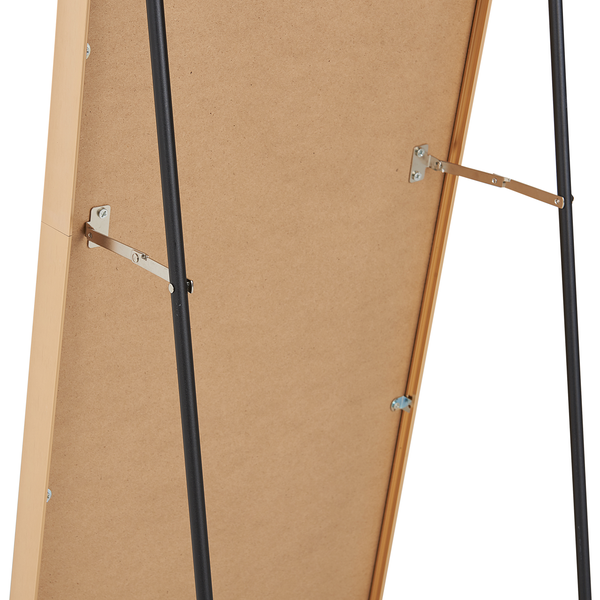 Rückseite eines stehenden Spiegels mit Rahmen, Ständer und Beschlägen